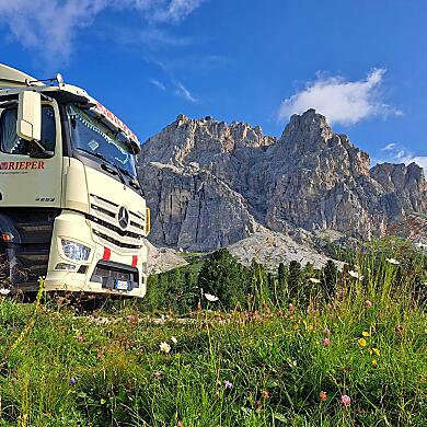 Ein Rieper LKW vor einem Berg und im Vordergrund eine grüne Wiese.